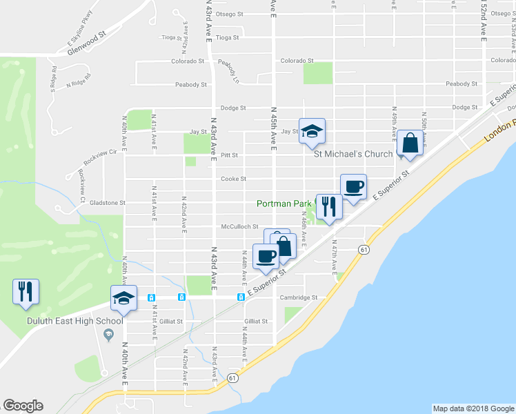 map of restaurants, bars, coffee shops, grocery stores, and more near 4416 Gladstone Street in Duluth