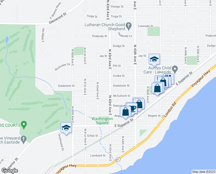 map of restaurants, bars, coffee shops, grocery stores, and more near 725 North 43rd Avenue East in Duluth