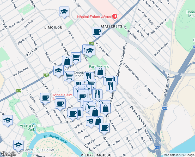 map of restaurants, bars, coffee shops, grocery stores, and more near 1345 8e Avenue in Quebec City