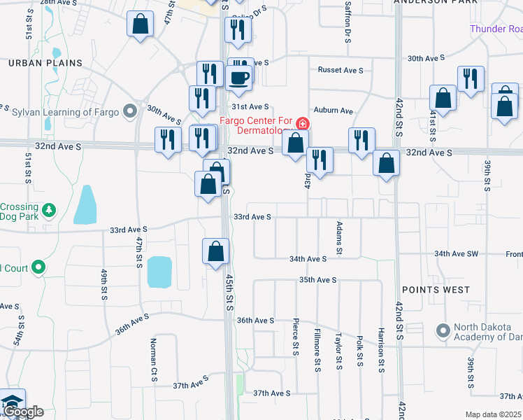 map of restaurants, bars, coffee shops, grocery stores, and more near 4391 33rd Avenue South in Fargo