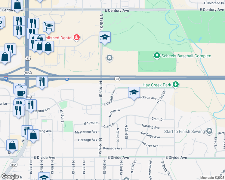 map of restaurants, bars, coffee shops, grocery stores, and more near 1930 Hay Creek Trail in Bismarck