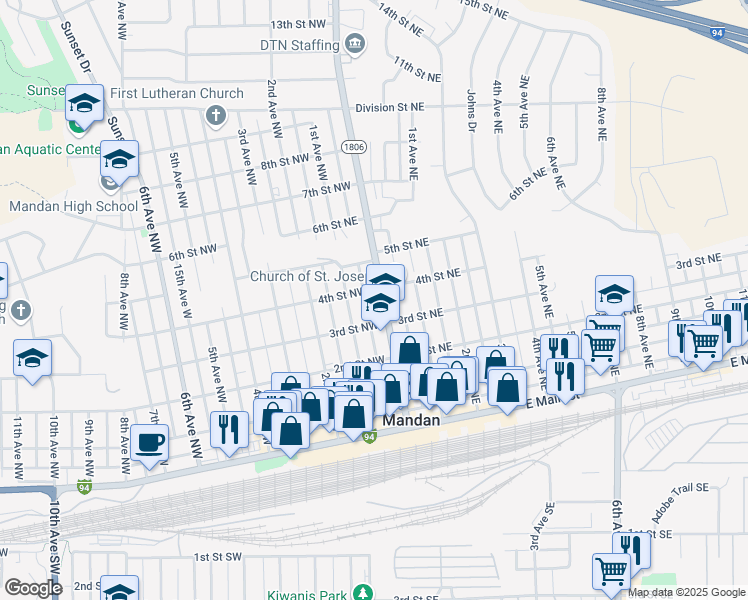 map of restaurants, bars, coffee shops, grocery stores, and more near 401 Collins Avenue in Mandan