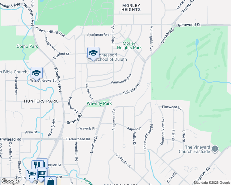 map of restaurants, bars, coffee shops, grocery stores, and more near 351 Snively Road in Duluth