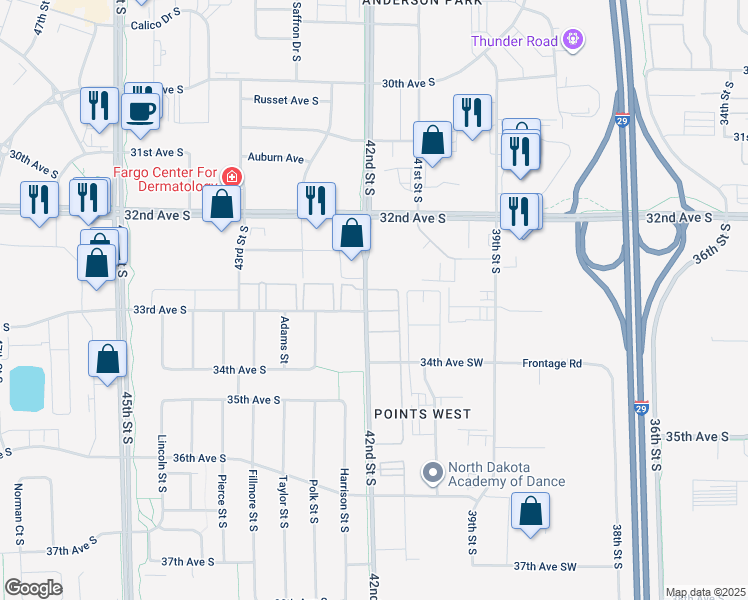 map of restaurants, bars, coffee shops, grocery stores, and more near 3330 42nd Street South in Fargo