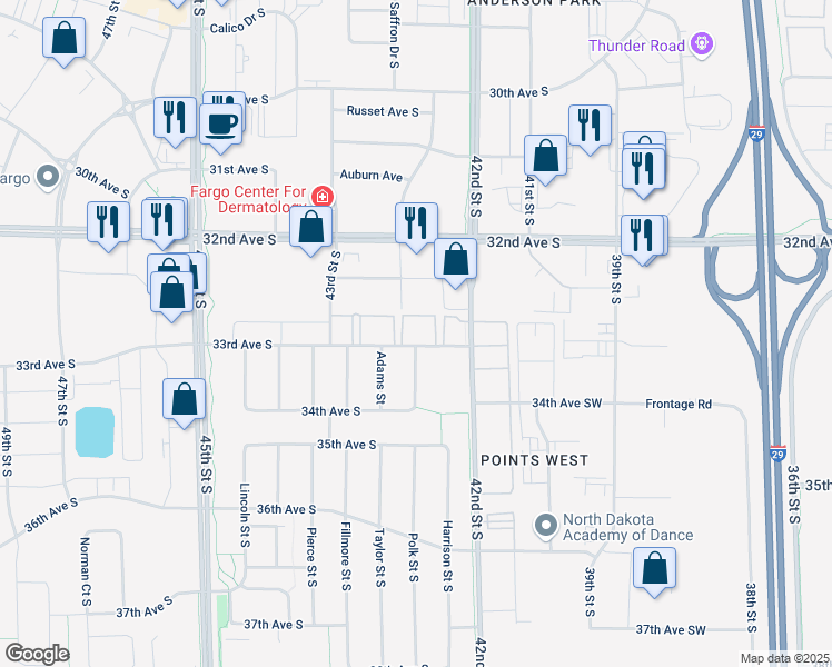 map of restaurants, bars, coffee shops, grocery stores, and more near 4231 33rd Avenue South in Fargo