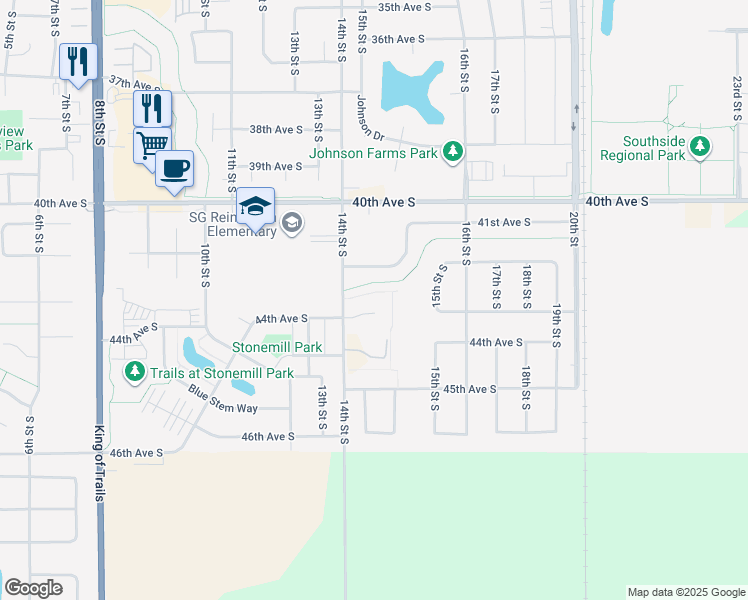 map of restaurants, bars, coffee shops, grocery stores, and more near 1452 44th Avenue South in Moorhead