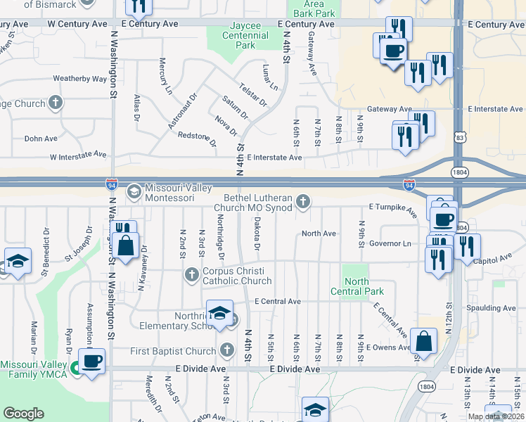 map of restaurants, bars, coffee shops, grocery stores, and more near 2113 Dakota Drive in Bismarck