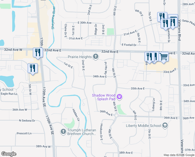 map of restaurants, bars, coffee shops, grocery stores, and more near 3434 Shadow Wood Lane in West Fargo