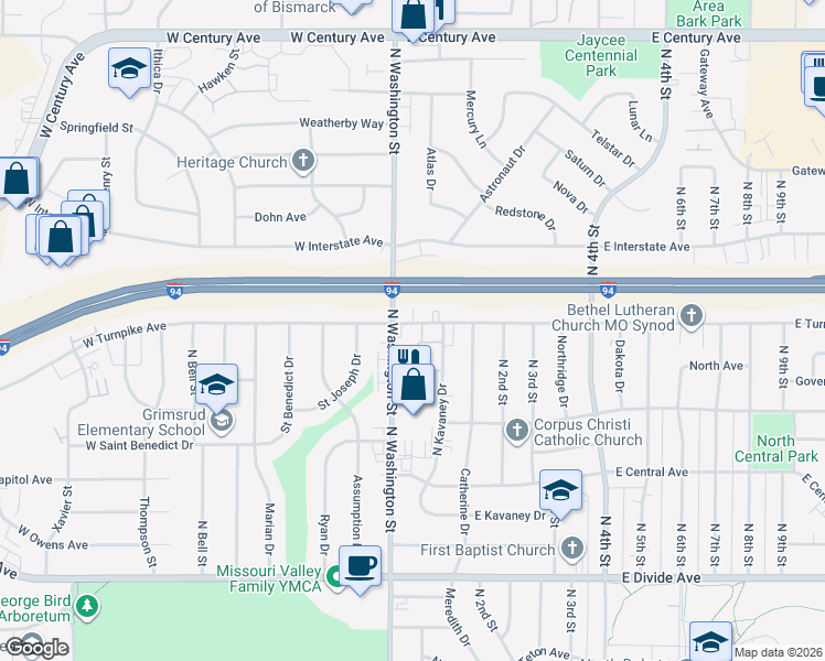 map of restaurants, bars, coffee shops, grocery stores, and more near 2126 North Kavaney Drive in Bismarck