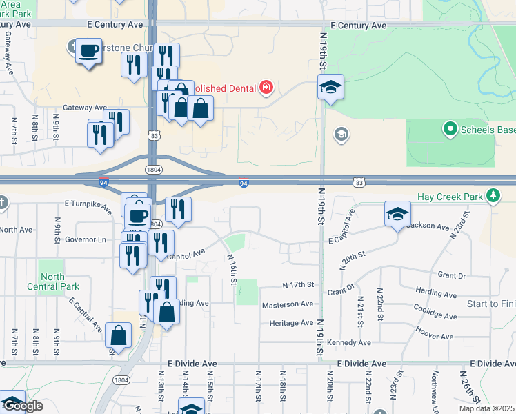 map of restaurants, bars, coffee shops, grocery stores, and more near 1664 Capitol Way in Bismarck