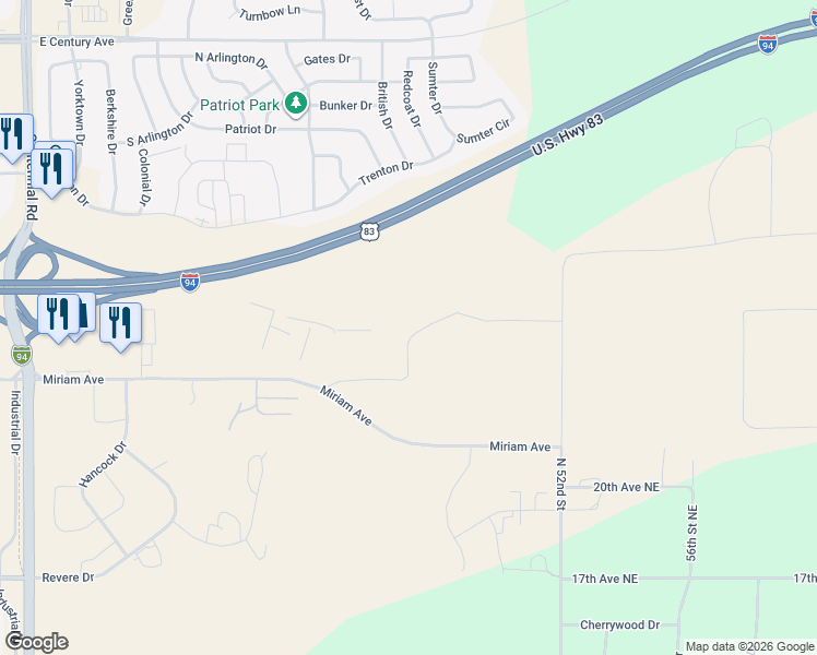 map of restaurants, bars, coffee shops, grocery stores, and more near 2050 North 52nd Street in Bismarck