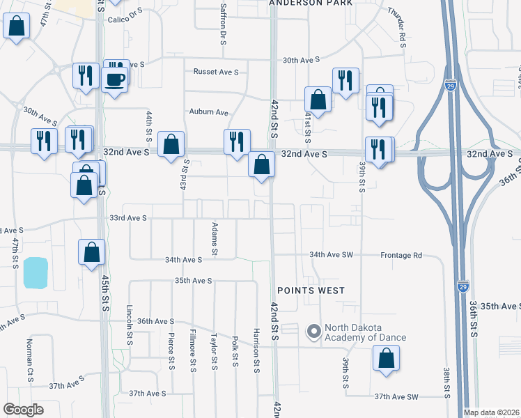 map of restaurants, bars, coffee shops, grocery stores, and more near 4201 33rd Avenue South in Fargo