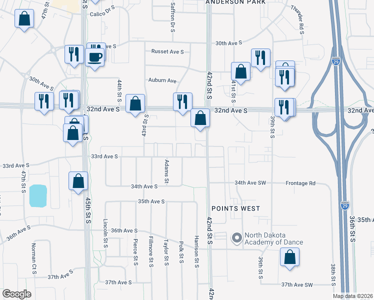 map of restaurants, bars, coffee shops, grocery stores, and more near 4231 33rd Avenue South in Fargo