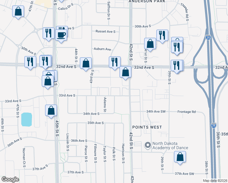 map of restaurants, bars, coffee shops, grocery stores, and more near 4231 33rd Avenue South in Fargo