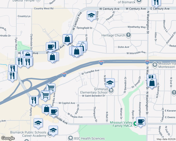 map of restaurants, bars, coffee shops, grocery stores, and more near 2112 Grimsrud Drive in Bismarck