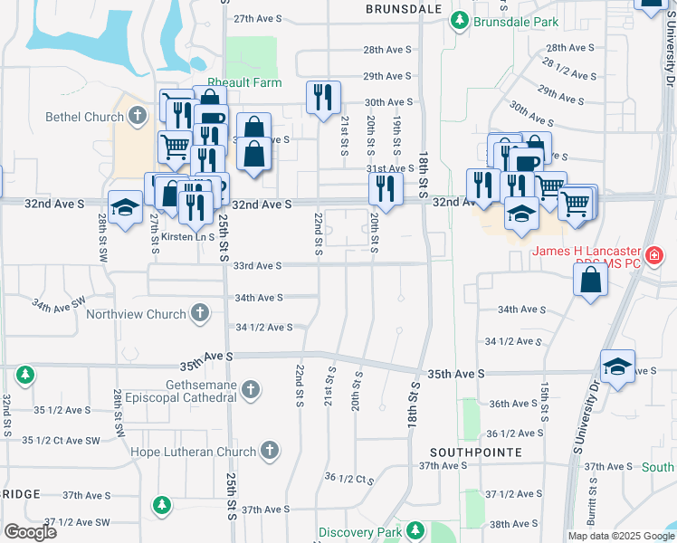 map of restaurants, bars, coffee shops, grocery stores, and more near 3307 21st St S in Fargo