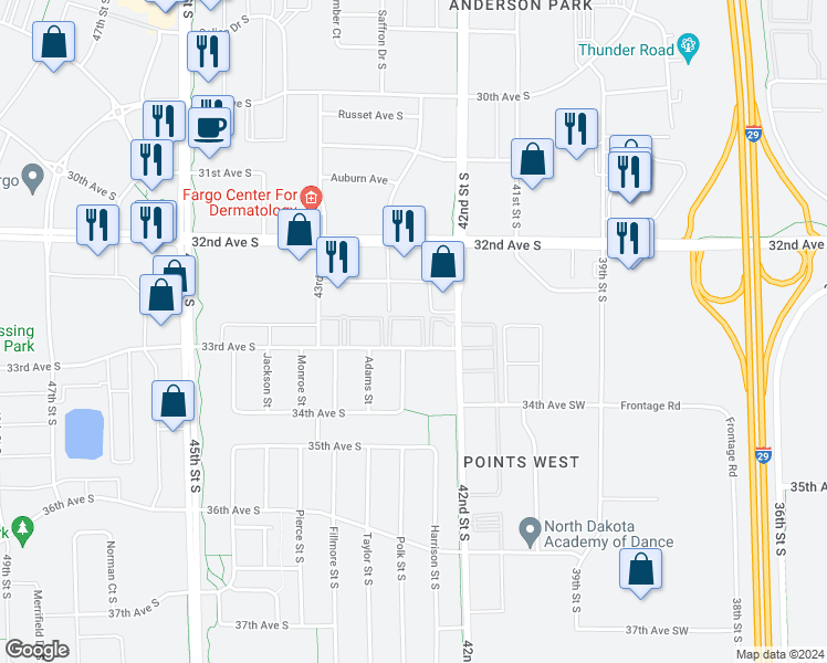 map of restaurants, bars, coffee shops, grocery stores, and more near 4231 33rd Avenue South in Fargo