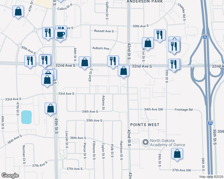 map of restaurants, bars, coffee shops, grocery stores, and more near 4231 33rd Avenue South in Fargo