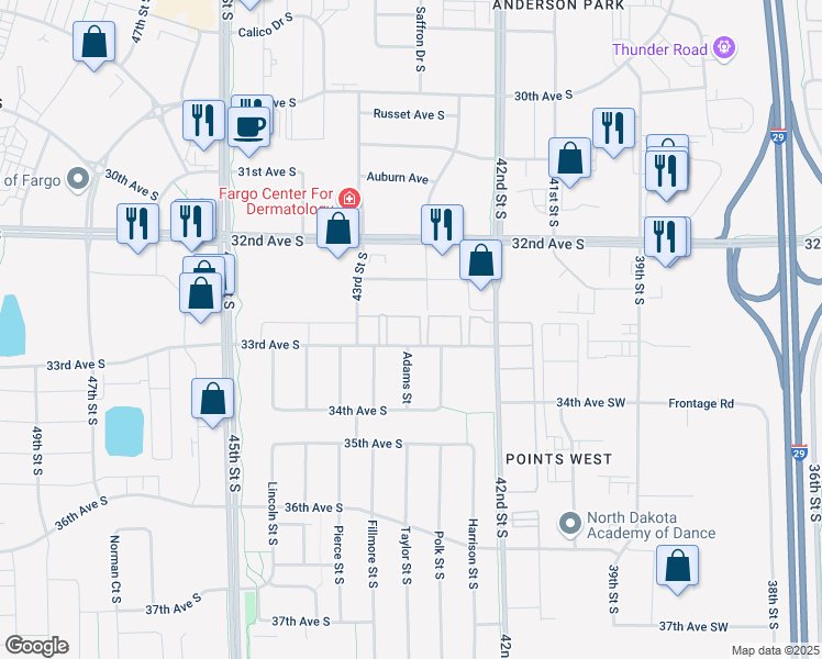 map of restaurants, bars, coffee shops, grocery stores, and more near 4251 33rd Avenue South in Fargo