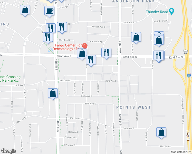 map of restaurants, bars, coffee shops, grocery stores, and more near 4251 33rd Avenue South in Fargo