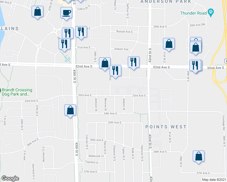 map of restaurants, bars, coffee shops, grocery stores, and more near 4281 33rd Avenue South in Fargo
