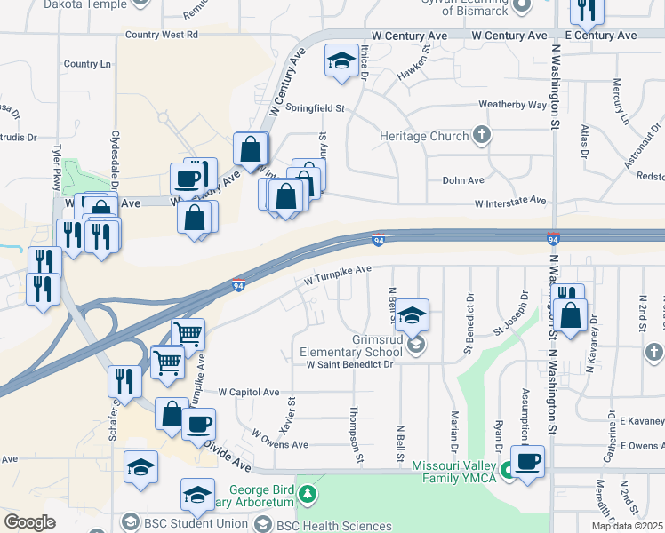 map of restaurants, bars, coffee shops, grocery stores, and more near 2112 Grimsrud Drive in Bismarck