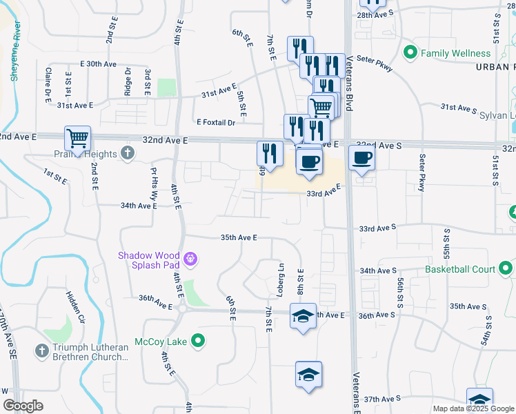 map of restaurants, bars, coffee shops, grocery stores, and more near 612 35th Avenue East in West Fargo