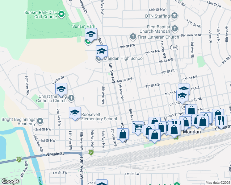 map of restaurants, bars, coffee shops, grocery stores, and more near 509 6th Avenue Northwest in Mandan