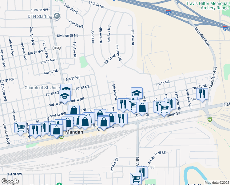 map of restaurants, bars, coffee shops, grocery stores, and more near 399 5th Avenue Northeast in Mandan