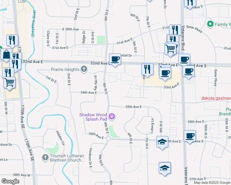 map of restaurants, bars, coffee shops, grocery stores, and more near 3405 4th Street East in West Fargo