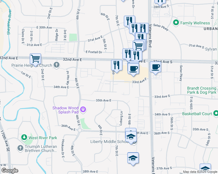 map of restaurants, bars, coffee shops, grocery stores, and more near 612 35th Avenue East in West Fargo