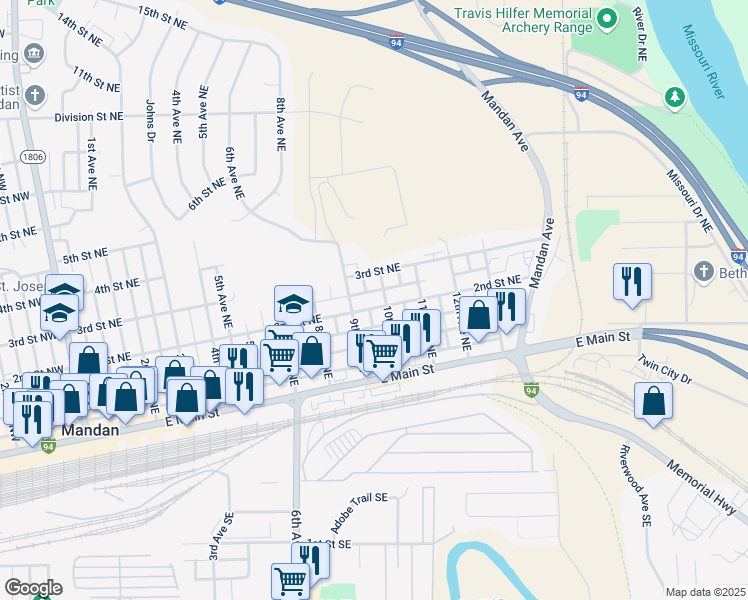 map of restaurants, bars, coffee shops, grocery stores, and more near 1001 2nd Street Northeast in Mandan