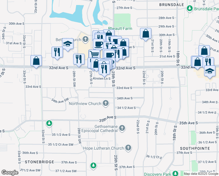 map of restaurants, bars, coffee shops, grocery stores, and more near 2505 34th Avenue South in Fargo