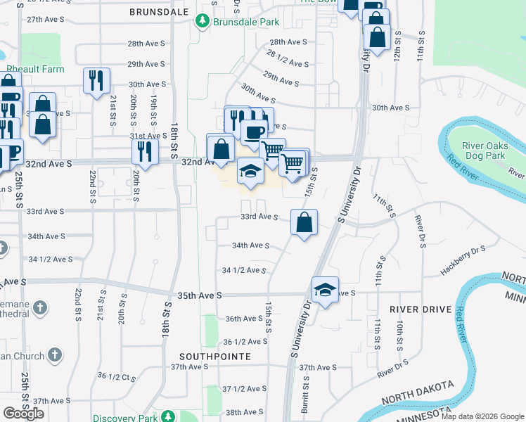 map of restaurants, bars, coffee shops, grocery stores, and more near 1625 33rd Avenue South in Fargo