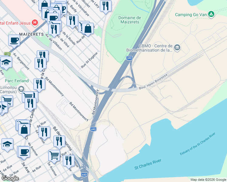 map of restaurants, bars, coffee shops, grocery stores, and more near 307 Boulevard Henri-Bourassa in Québec