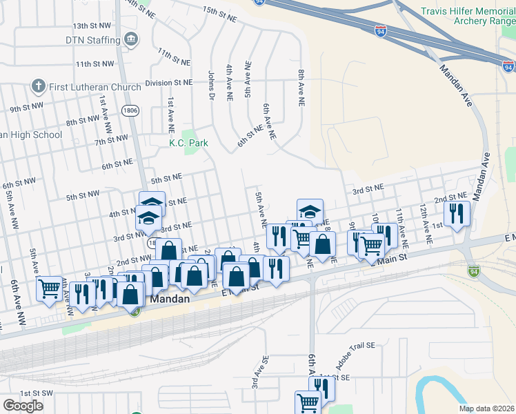 map of restaurants, bars, coffee shops, grocery stores, and more near 309-399 5th Avenue Northeast in Mandan