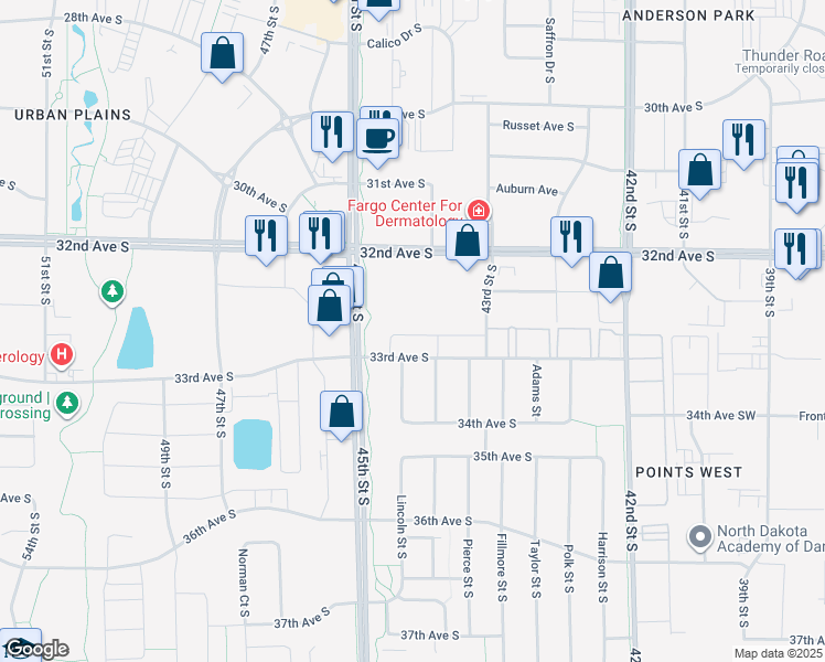 map of restaurants, bars, coffee shops, grocery stores, and more near 4391 33rd Avenue South in Fargo