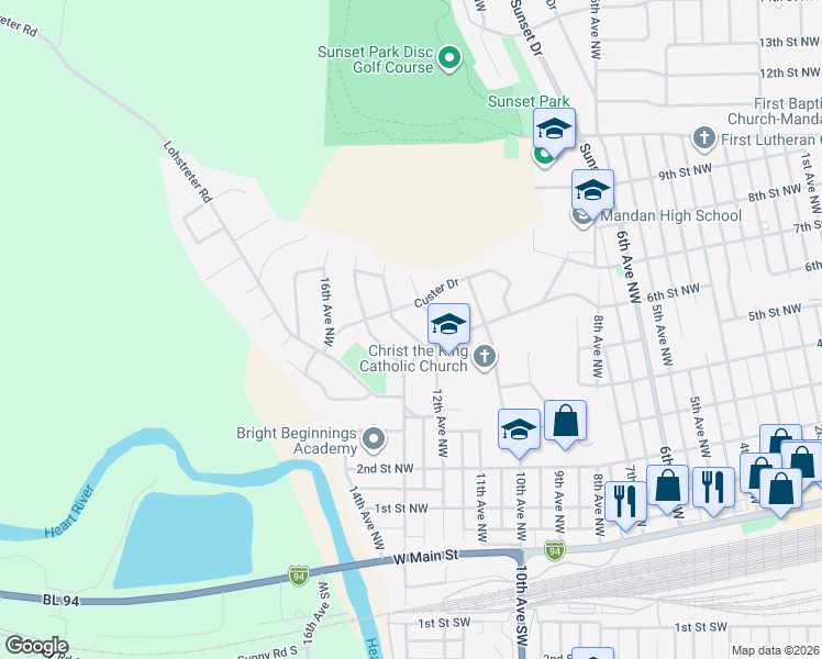 map of restaurants, bars, coffee shops, grocery stores, and more near in Mandan