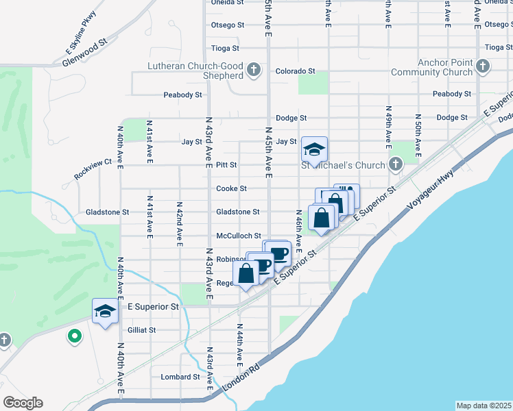 map of restaurants, bars, coffee shops, grocery stores, and more near 4416 Gladstone Street in Duluth