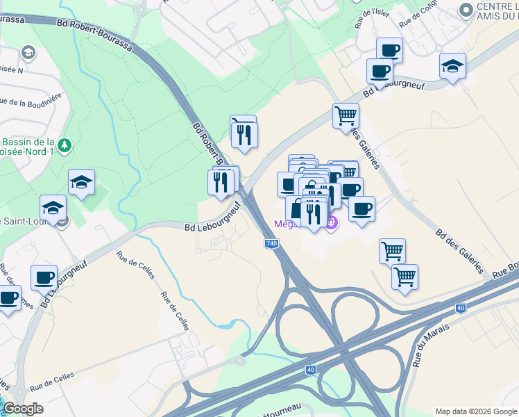 map of restaurants, bars, coffee shops, grocery stores, and more near 380 Rue Desrochers in Québec