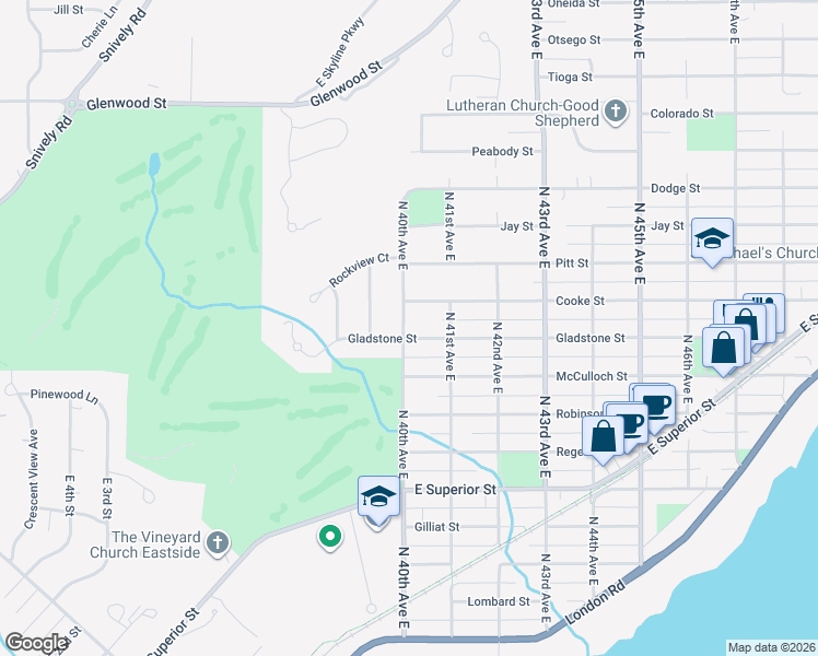 map of restaurants, bars, coffee shops, grocery stores, and more near 4010 Gladstone Street in Duluth