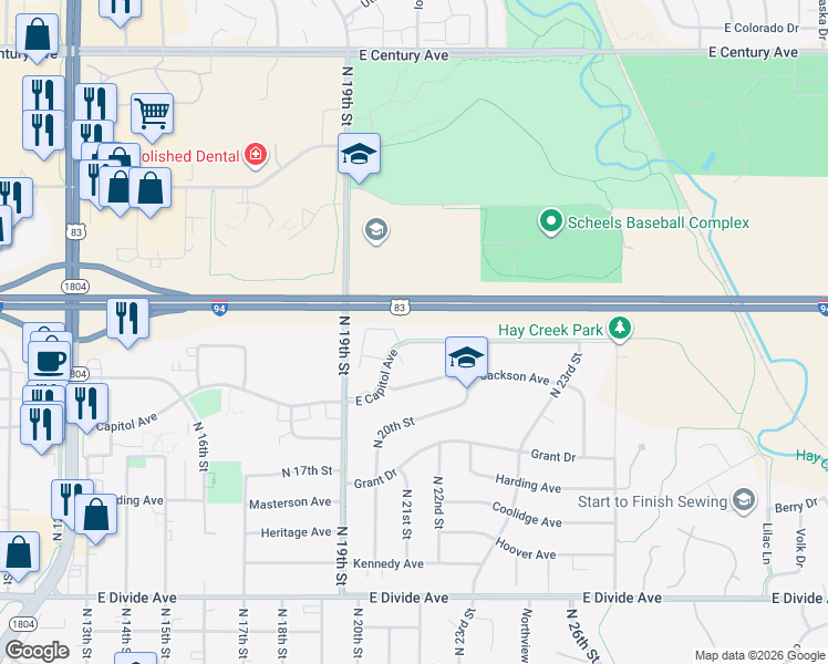 map of restaurants, bars, coffee shops, grocery stores, and more near 1953 East Capitol Avenue in Bismarck