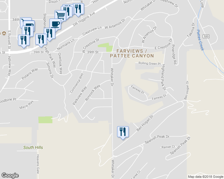 map of restaurants, bars, coffee shops, grocery stores, and more near 868 Whitaker Drive in Missoula