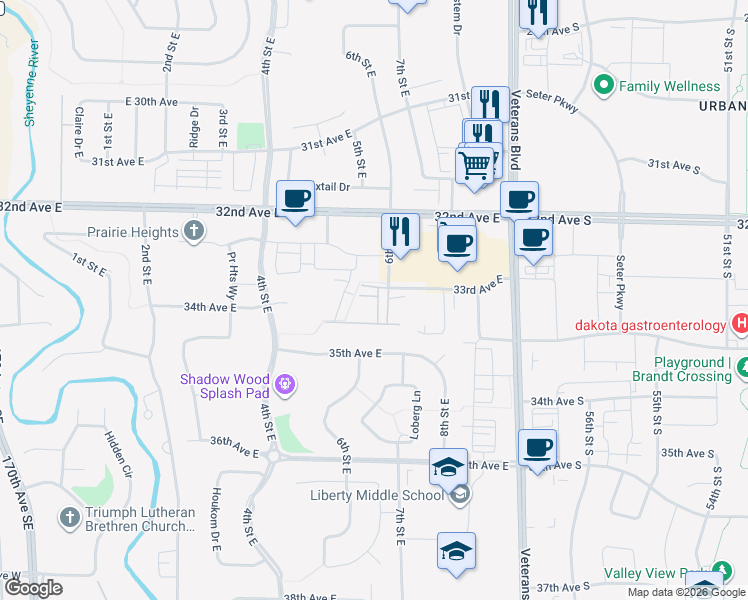map of restaurants, bars, coffee shops, grocery stores, and more near 612 35th Avenue East in West Fargo