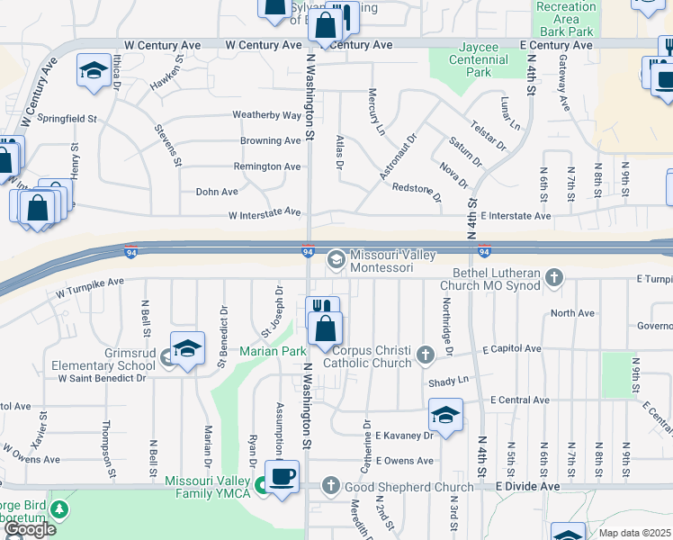 map of restaurants, bars, coffee shops, grocery stores, and more near 200 W Turnpike Ave in Bismarck