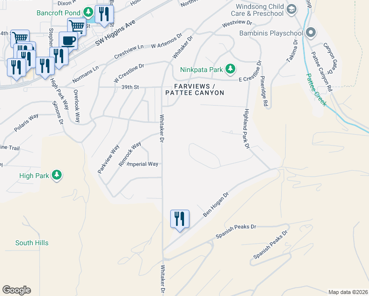 map of restaurants, bars, coffee shops, grocery stores, and more near 163 Fairway Drive in Missoula
