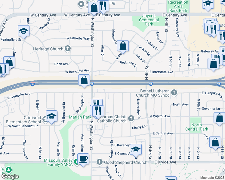 map of restaurants, bars, coffee shops, grocery stores, and more near 2116 Catherine Drive in Bismarck