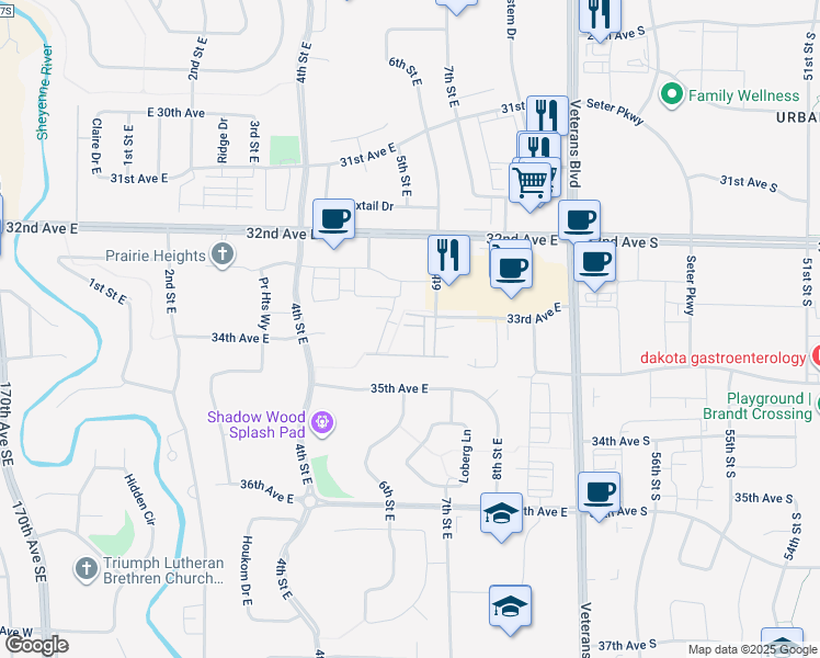 map of restaurants, bars, coffee shops, grocery stores, and more near 612 35th Avenue East in West Fargo