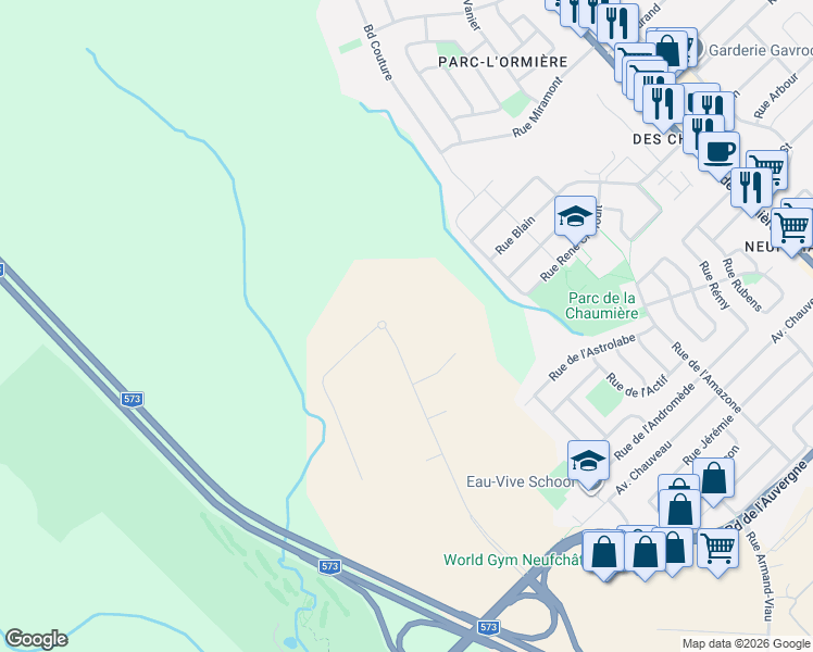 map of restaurants, bars, coffee shops, grocery stores, and more near 9500 Rue John-Simons in Québec
