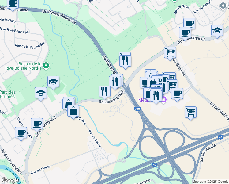 map of restaurants, bars, coffee shops, grocery stores, and more near 2000 Boulevard Lebourgneuf in Québec